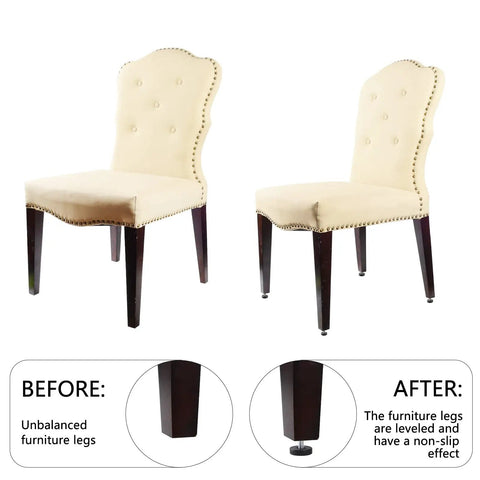 Before and after using 28 Pack M6 Thread Adjustable Furniture Levelers in Galvanized Steel for leveling chair legs.