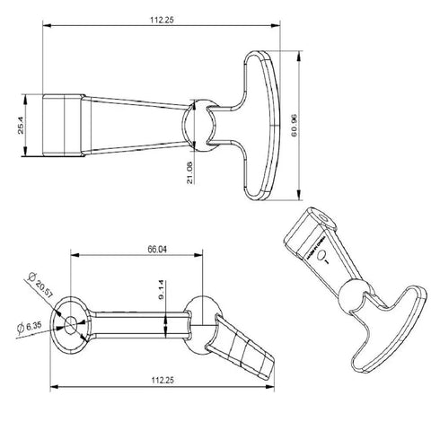 Technical drawing of Cooler Replacement Lid Latches T Latch Kit Fits Yeti RTIC Hard Coolers with dimensions labeled.