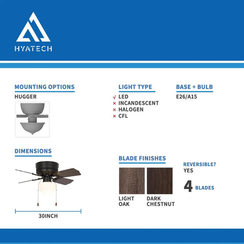 Diagram of 30 Inch Hugger Ceiling Fan With Pull Chain Low Profile Flush Mount Reversible Blades Matte Black Ideal For Living Room