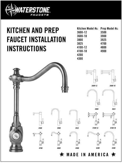 Kitchen faucet installation instructions with detailed diagrams and model numbers for Waterstone faucets.