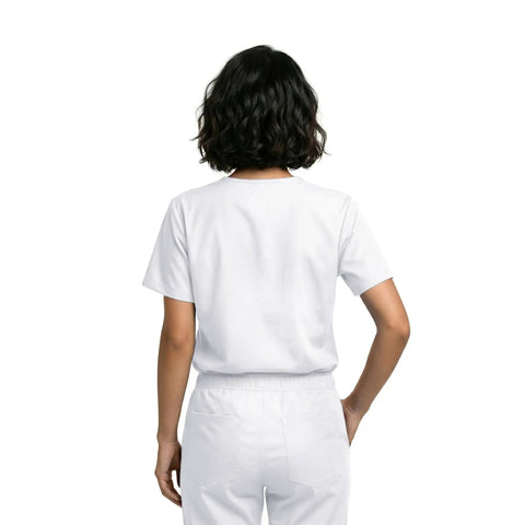 Back view of unisex relaxed fit v neck 3 pocket scrub top with breathable side vents for nurses doctors white medium.
