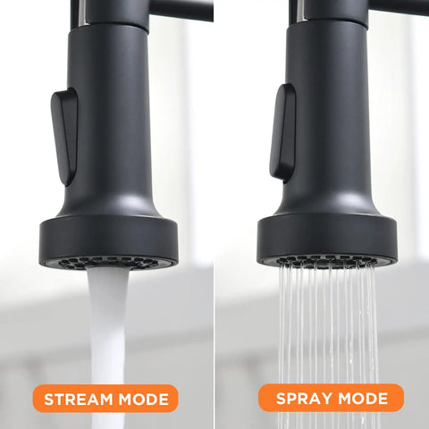 Black RV Kitchen Faucet With Pull Down Sprayer For RV Kitchen Sink, 3 Way Spray Settings Stream Spray Pause modes close up