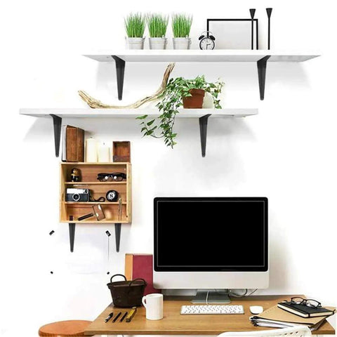 Beefy Heavy Duty Black Metal Shelf Brackets Set Of 20 6 Inch By 5 Inch Open L Shaped Wall Braces shown supporting wooden shelves