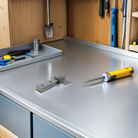 Heavy Duty Stainless Steel Shower Door Hinges With Long Bar Pivot, Double Hole Square Design For Smooth, Stable Operation And Easy Install, Built To Last For Home Renovations And New Bathroom Upgrades. Gray hinge on workbench