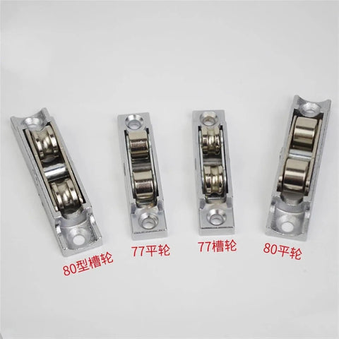 Heavy Duty Sliding Door Rollers Featuring Buttery Smooth Double Wheels Replace Stubborn Pulleys No Hassle Zinc Alloy Track Hardware Killer Performance 4 Pc Set displayed with different sizes.