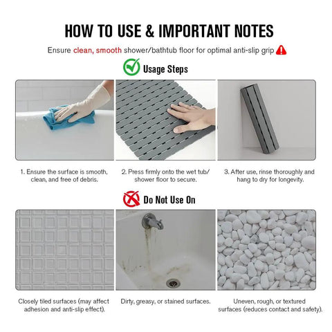 Usage instructions for Rock Solid Non Slip Shower Mat With Mega Tight Suction Cups And Rapid Drain Holes For Tub Security.