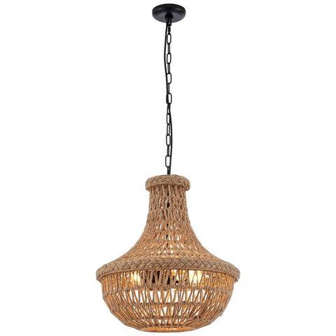Rustic Hemp Rope Pendant Light With Handwoven Shade 3 Light Vintage Style Chandelier with black chain installation.
