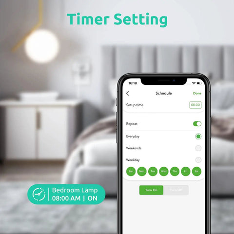 Smart Plug 4 Pack With WiFi Voice Control Works With Alexa Apple HomeKit Google Assistant Siri, app scheduling interface in bedroom