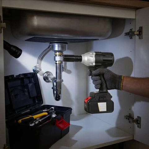 Brace Yourself For The Heavy Lifting With This Badass Brushless Electric Wrench in use under a sink, featuring a 12.7mm anvil.