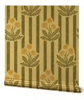 Top Shelf Dandelion Olive And Rich Gold Metallic Wallpaper Featuring A Luxe Fibrous Texture And That Premium Glow Everyone Loves Eco Certified Wallcovering Built Right Here In The Usa For Your Next Home Upgrade with floral design and stripes.