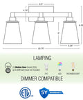 Diagram of 4 Light Farmhouse Vanity Light With Funnel Glass Shades In Smoked Birch Finish, bulb details and dimensions