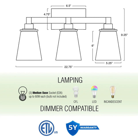 Diagram of 4 Light Farmhouse Vanity Light With Funnel Glass Shades In Smoked Birch Finish, bulb details and dimensions