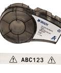All Weather Vinyl Label Tape Built To Handle Heavy Duty Work And Lab Marking Sticks Like Wild In Freezers Or Extreme Cold Black On White Tape Fits M210 Bmp21 Printers Half Wide By 21 Feet Long with label and cartridge in view.