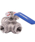 3-Way Ball Valve With T Mounting Pad Stainless 304 Heavy Duty, Female Half Inch NPT, Vinyl Locking Handle, Half Inch Ports