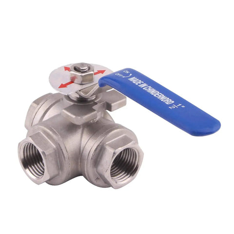 3-Way Ball Valve With T Mounting Pad Stainless 304 Heavy Duty, Female Half Inch NPT, Vinyl Locking Handle, Half Inch Ports