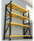 Rock Solid 4 Tier Storage Rack Heavy Duty Black Steel Welded Shelves Handles 400 Pounds Per Level Height Adjustable with yellow shelves.