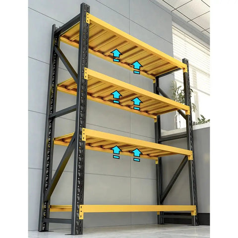 Rock Solid 4 Tier Storage Rack Heavy Duty Black Steel Welded Shelves Handles 400 Pounds Per Level Height Adjustable with yellow shelves.