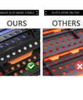 Comparison of Garage Storage Bins Wall Mounted Parts Rack with longer slots versus shorter, showing stability differences.