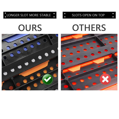Comparison of Garage Storage Bins Wall Mounted Parts Rack with longer slots versus shorter, showing stability differences.