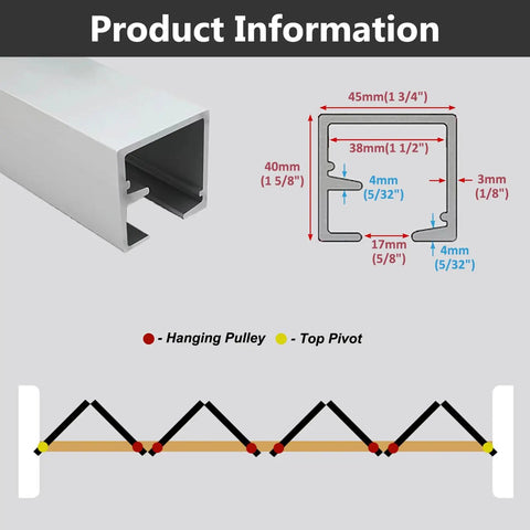Bulletproof Heavy Duty Folding Sliding Door Hardware Kit With Hella Smooth Gliding Barn Door Rail Track showing product measurements and pulley layout.