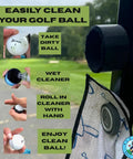 Dude Approved Magnetic Golf Ball Washer With Heavy Duty Mount To Scrub Out Stubborn Grime Fast and Lock Securely To Cart Or Bag For Legit Smoother Rounds Today in use with a golf ball.