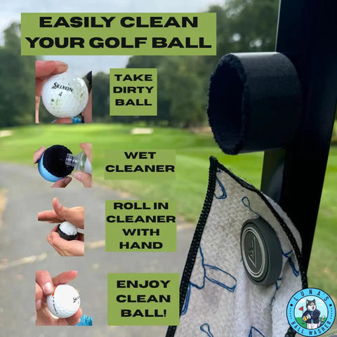 Dude Approved Magnetic Golf Ball Washer With Heavy Duty Mount To Scrub Out Stubborn Grime Fast and Lock Securely To Cart Or Bag For Legit Smoother Rounds Today in use with a golf ball.