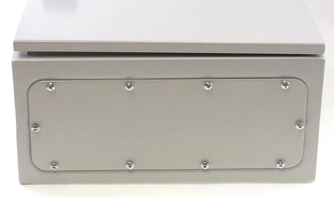 Heavy Duty 16 Gauge Steel Wall Mount Enclosure IP66 Weatherproof front view showing screws and seal in gray
