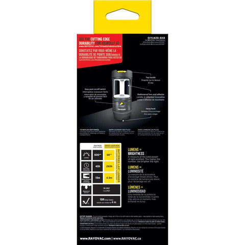 Back of packaging for Ultra Tough LED Camping Lantern Flashlight With 600 Lumens Battery Powered Drop Tested From 15 Feet IP67 Waterproof