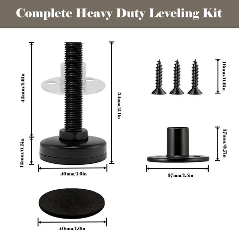 Complete Heavy Duty Leveling Feet Four Pack with adjustable heights and solid steel design for stabilizing furniture.