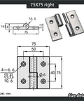 Diagram and image of heavy duty removable stainless steel hinges, 75x75 mm, right-hand orientation, made of 304 stainless steel.