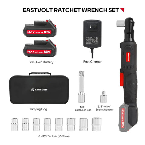 Three Eighths Inch Cordless Electric Ratchet Wrench Set With Beast Torque At 55 Ft-Lbs, 12V Kit With Eight Sockets and Accessories