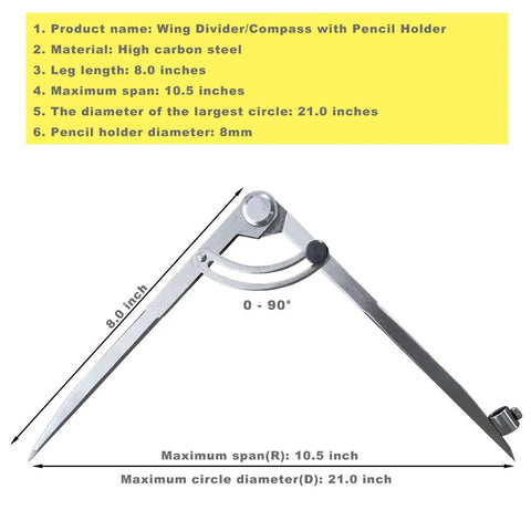 Badass Heavy Duty Carbon Steel Wing Divider Locking Caliper With Integrated Pencil Cup For Precision Woodworking Drafting, 8 inches leg