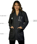 Unisex 31 Inch Lab Coat With Notch Lapel Collar Front Button Closures Full Length Sleeves Black Pro Grade Medical Workwear X Large Size Ideal For Clinics Hospitals And Lab Professionals on model
