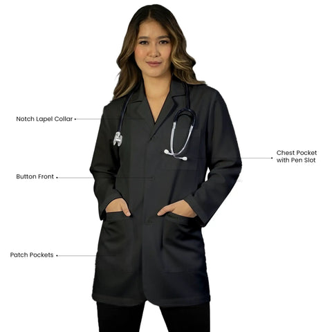 Unisex 31 Inch Lab Coat With Notch Lapel Collar Front Button Closures Full Length Sleeves Black Pro Grade Medical Workwear X Large Size Ideal For Clinics Hospitals And Lab Professionals on model