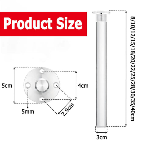 Adjustable Acrylic Furniture Legs Set For Cabinets Coffee Tables End Tables Beds Waterproof And Heavy Duty Load Bearing Replacement Legs shown with dimensions.