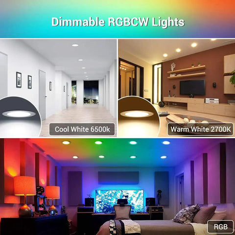 Smart Retrofit LED Recessed 6 Inch Downlights With Color Changing RGBCW 15W 1150 Lumens Bluetooth Mesh Hub Included Voice Control With Alexa Dimmable 2700K To 6500K 4 Pack For Easy Whole Home Lighting showcasing color changing modes in living rooms.