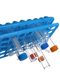 Heavy Duty Test Tube Rack For 5 To 15ml Tubes, 50 Holes, 18mm Openings, Blue ABS Plastic With Silicone Pad, Autoclavable Centrifuge Rack