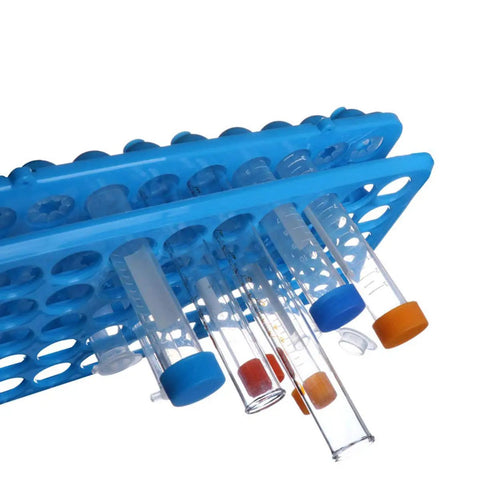 Heavy Duty Test Tube Rack For 5 To 15ml Tubes, 50 Holes, 18mm Openings, Blue ABS Plastic With Silicone Pad, Autoclavable Centrifuge Rack