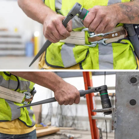 Ratcheting Spud Wrench With Half Inch Drive For Construction, Forged Alloy Steel, Corrosion Resistant Black Finish, Reversible Ratchet, 15 Inch Length, used by a worker in safety vest.