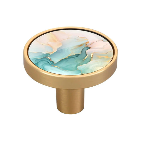 4 Pack Round Gold Cabinet Knobs For Kitchen And Dresser Drawers, Heavy Duty Zinc Alloy And Acrylic Hardware, Abstract Art