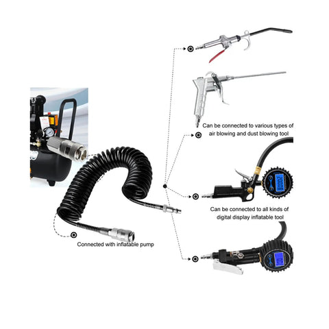 Heavy Gauge Three Meter Air Hose Built Like A Badass With Kink Resistant Flex Oil Resistant Rubber And Steel Made To Handle Air Compressor Jobs Without Breaking A Sweat connected to various air tools.
