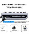 Back view of Five Channel USB Bluetooth Audio Mixer With Dope Echo Delay Effects And 48V Phantom Power, showing power input options.