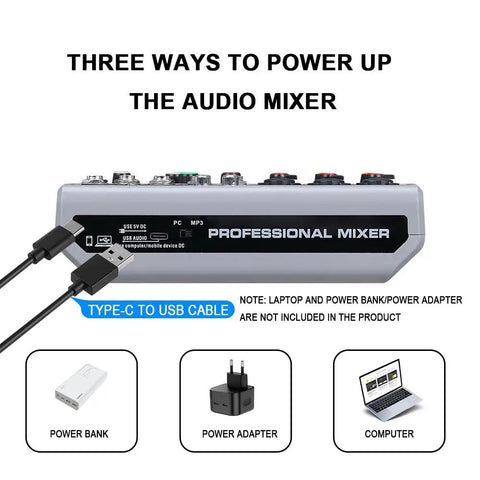 Back view of Five Channel USB Bluetooth Audio Mixer With Dope Echo Delay Effects And 48V Phantom Power, showing power input options.