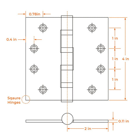 Dimensions diagram of the 304 Stainless Steel Matte Black Exterior Door Hinges With Ball Bearing, 4 Inch Square Corner, 3 Pack.