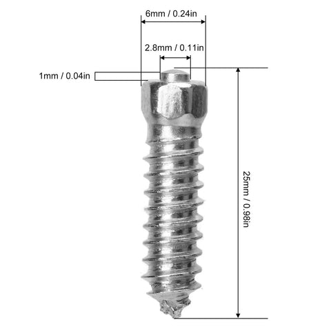 Rock Solid M6x6mm Snow Tire Studs Featuring Tungsten Steel Anti Skid Spikes showing a 25mm heavy duty screw with dimensions.