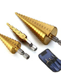 Three Piece Step Drill Bit Set That Rocks 4 12 20 32mm High Speed Steel Titanium Coated Hole Cutter with pouch