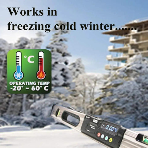 Waterproof IP65 Digital Level With Bright LED Display 24-Inch Pro Grade Electronic Level Ultra Precise 0.05 Degree Precision Rugged All Weather Tool For Any Job Site shown in freezing conditions