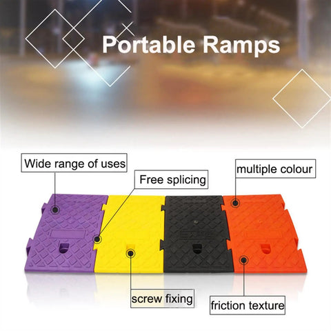 Built Tough Portable Loading Ramp With Grippiest Non Slip Surface Heavy Duty Threshold For Driveway Curb Loading Dock Wheelchair Setup Quick Swap Orange Model 25 By 45 Centimeter Compact Size For Side Walk And Parking Gate Easy Roll On Assistance shown in four colorful sections with friction texture and screw fixing features.
