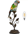 Small Tiffany Parrot Lamp Handmade Colorful Stained Glass Birds Coffee Table Lamp 19.5 Inches Tall Vintage Leaf Accent Desk Night Light
