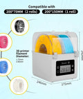 Moisture Busting Filament Dehydrator Dry Box with Upgraded Fan for 3D Printing, showing dimensions and 3D filament compatibility